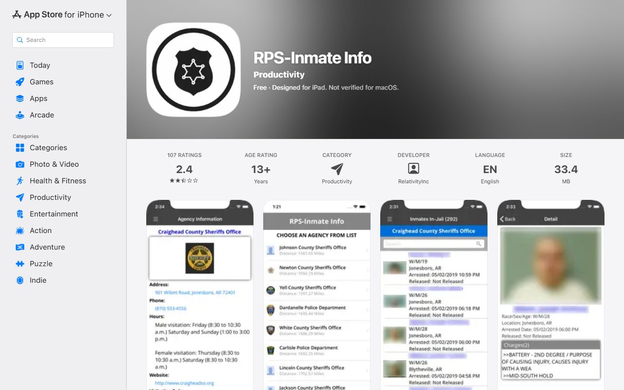 RPS-Inmate Info app listing for Dallas County jail mugshots and booking photos